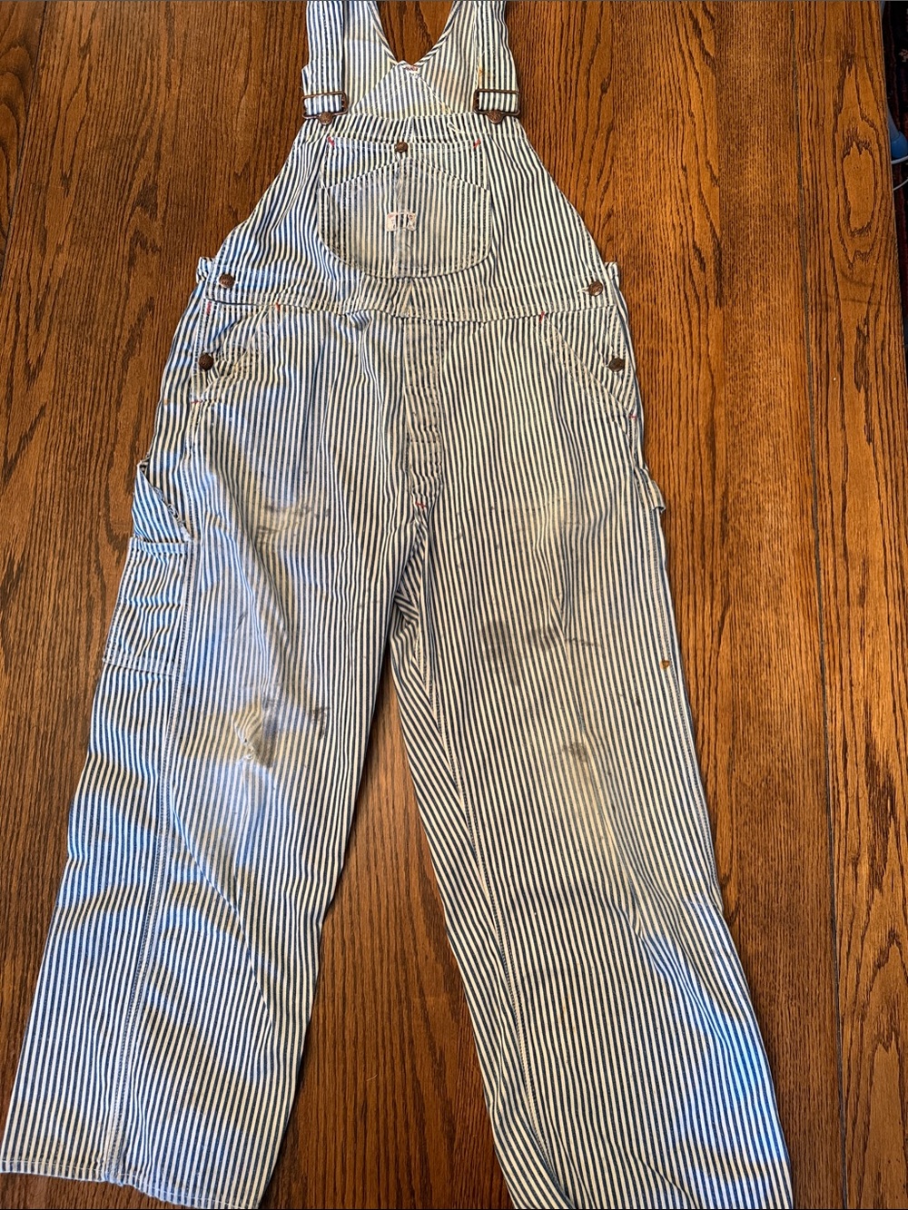 Vintage BIG MAC Penney’s Hickory Stripe Overalls Distressed Workwear Square Bak